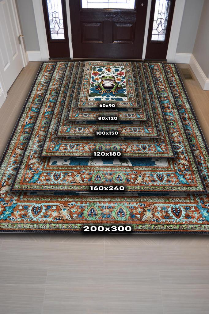 Nuh'un Gemisi Koleksiyonu Kurbağa, Çiçek Desenli Art Deco Tarzı Vintage Halı,Çok Renkli Maksimalist Halı