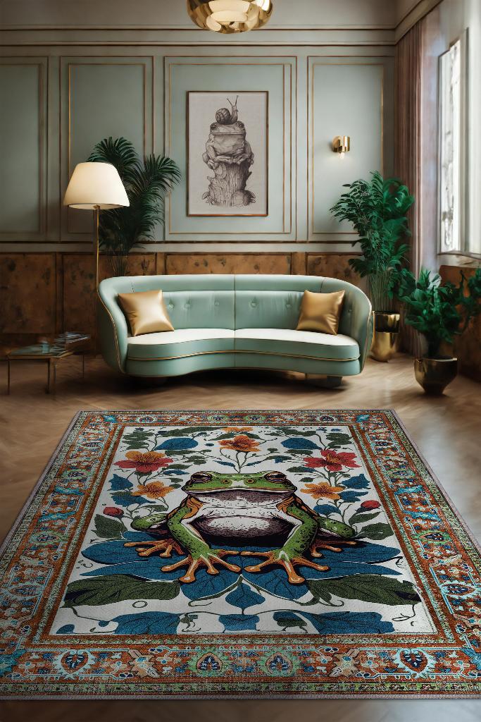 Nuh'un Gemisi Koleksiyonu Kurbağa, Çiçek Desenli Art Deco Tarzı Vintage Halı,Çok Renkli Maksimalist Halı
