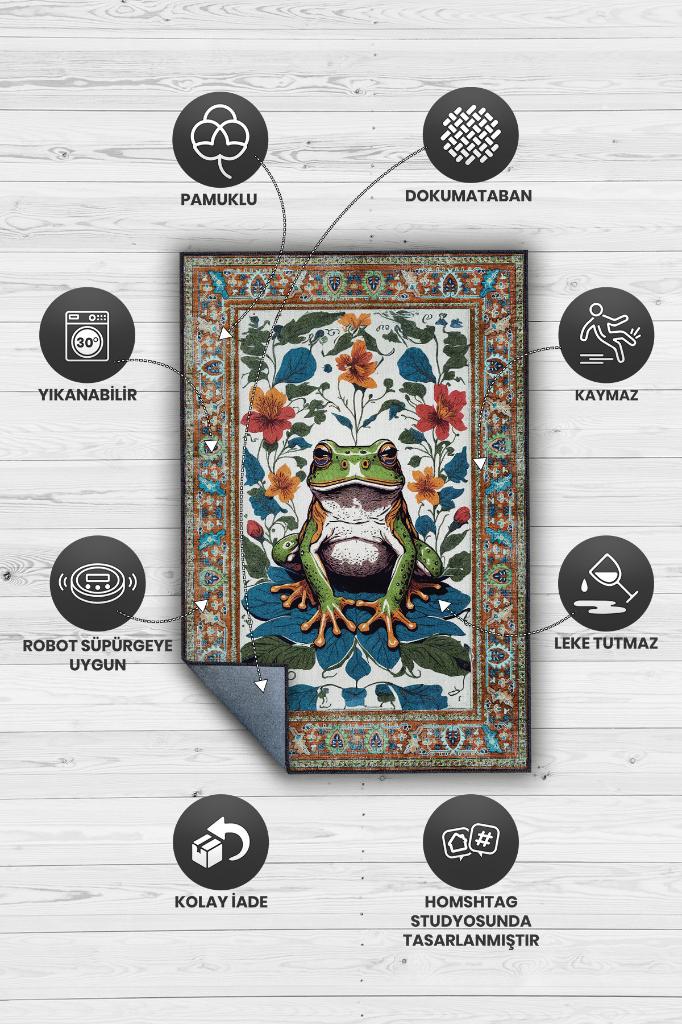 Nuh'un Gemisi Koleksiyonu Kurbağa, Çiçek Desenli Art Deco Tarzı Vintage Halı,Çok Renkli Maksimalist Halı