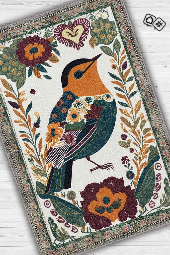 Nuh'un Gemisi Koleksiyonu Kuş, Çiçek Desenli Art Deco Tarzı Vintage Halı,Çok Renkli Maksimalist Halı