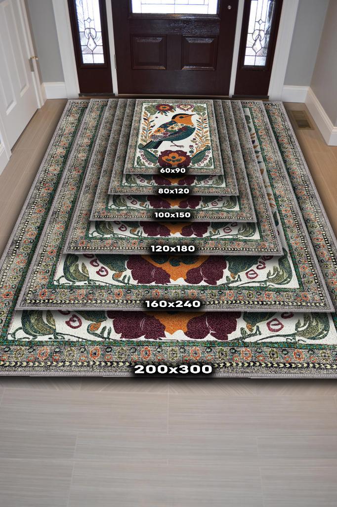 Nuh'un Gemisi Koleksiyonu Kuş, Çiçek Desenli Art Deco Tarzı Vintage Halı,Çok Renkli Maksimalist Halı