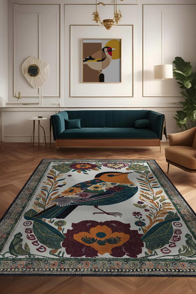 Nuh'un Gemisi Koleksiyonu Kuş, Çiçek Desenli Art Deco Tarzı Vintage Halı,Çok Renkli Maksimalist Halı