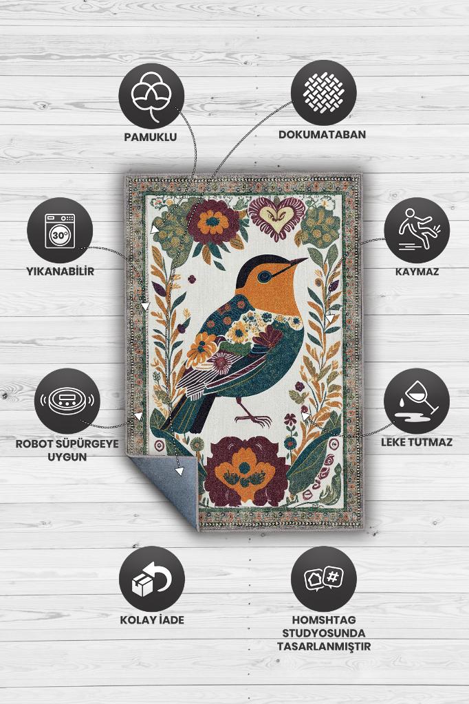 Nuh'un Gemisi Koleksiyonu Kuş, Çiçek Desenli Art Deco Tarzı Vintage Halı,Çok Renkli Maksimalist Halı