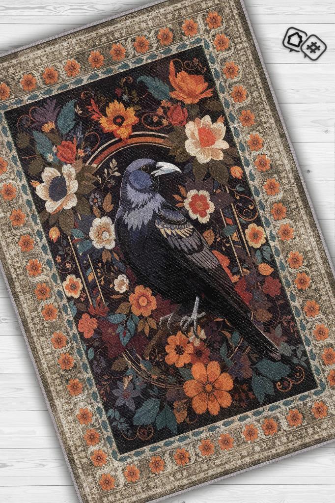 Nuh'un Gemisi Koleksiyonu Kuzgun Çiçek Desenli Karga Temalı Vintage Renkli Maksimalist Halı