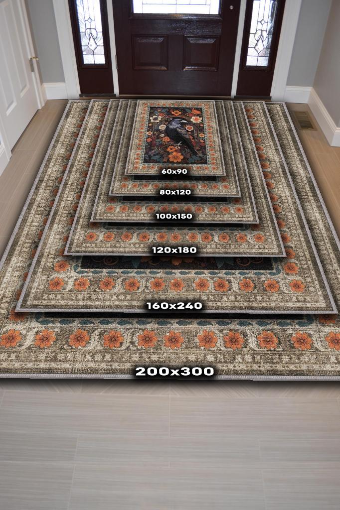 Nuh'un Gemisi Koleksiyonu Kuzgun Çiçek Desenli Karga Temalı Vintage Renkli Maksimalist Halı