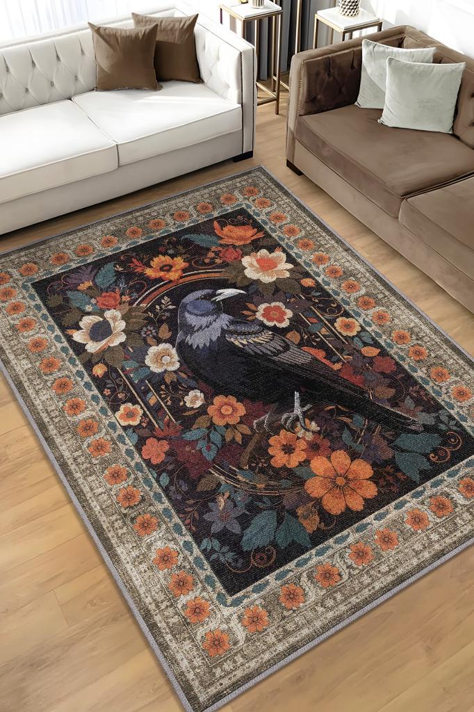 Nuh'un Gemisi Koleksiyonu Kuzgun Çiçek Desenli Karga Temalı Vintage Renkli Maksimalist Halı