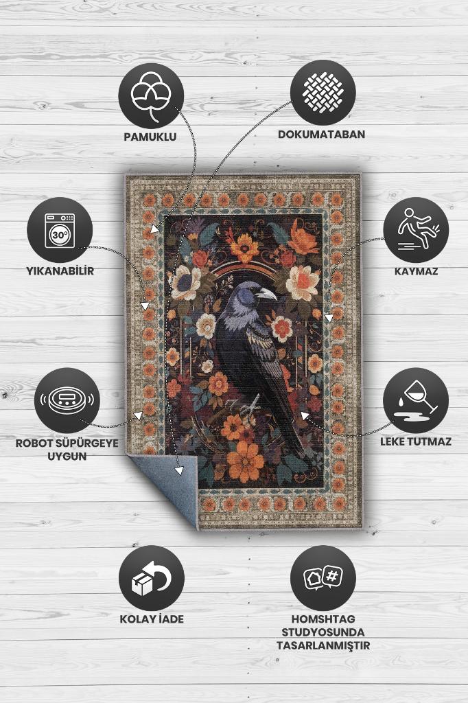 Nuh'un Gemisi Koleksiyonu Kuzgun Çiçek Desenli Karga Temalı Vintage Renkli Maksimalist Halı