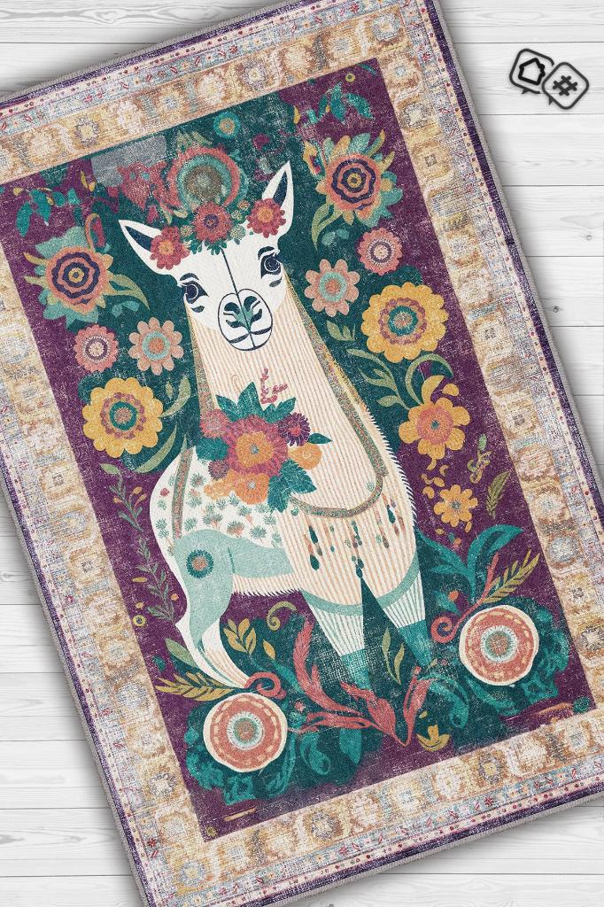 Nuh'un Gemisi Koleksiyonu Lama, Çiçek Desenli Art Deco Tarzı Vintage Halı,Çok Renkli Maksimalist Halı