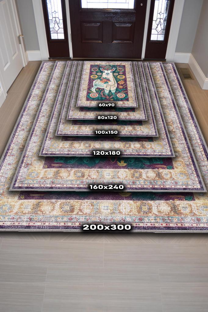 Nuh'un Gemisi Koleksiyonu Lama, Çiçek Desenli Art Deco Tarzı Vintage Halı,Çok Renkli Maksimalist Halı