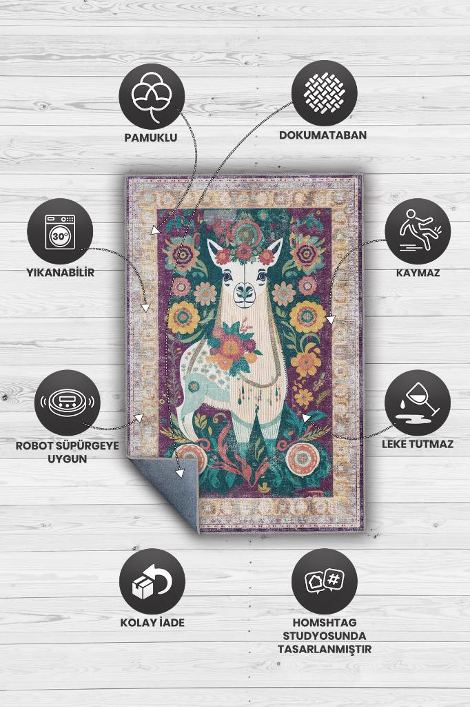 Nuh'un Gemisi Koleksiyonu Lama, Çiçek Desenli Art Deco Tarzı Vintage Halı,Çok Renkli Maksimalist Halı