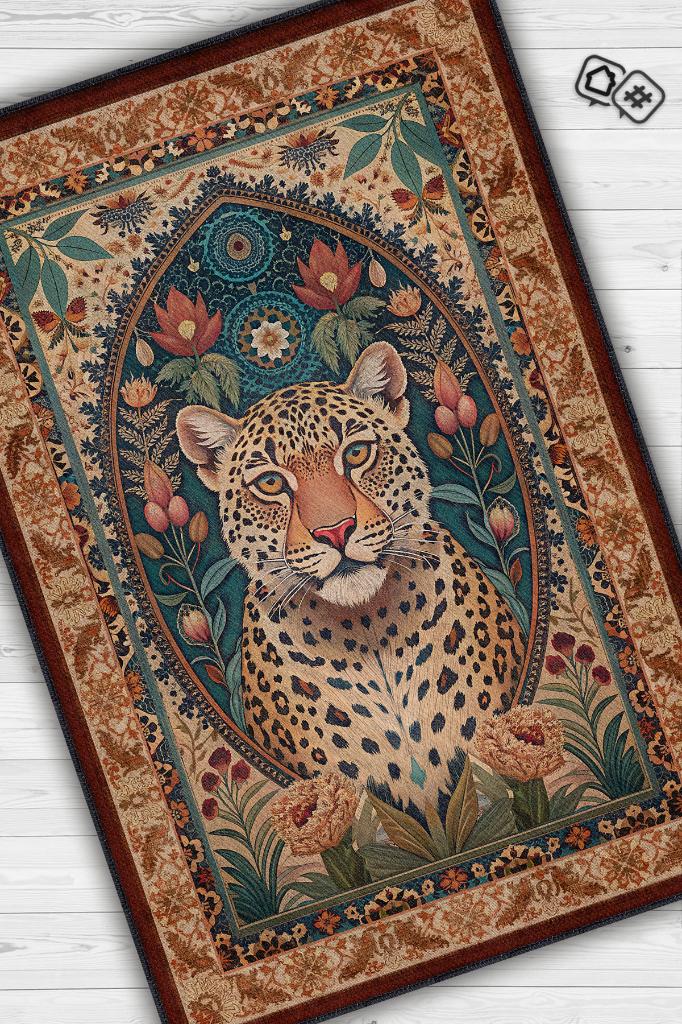 Nuh'un Gemisi Koleksiyonu Leopar Temalı Çiçekli Krem Renkli Bordürlü Şık Konsept Halı
