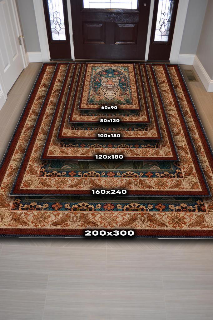 Nuh'un Gemisi Koleksiyonu Leopar Temalı Çiçekli Krem Renkli Bordürlü Şık Konsept Halı