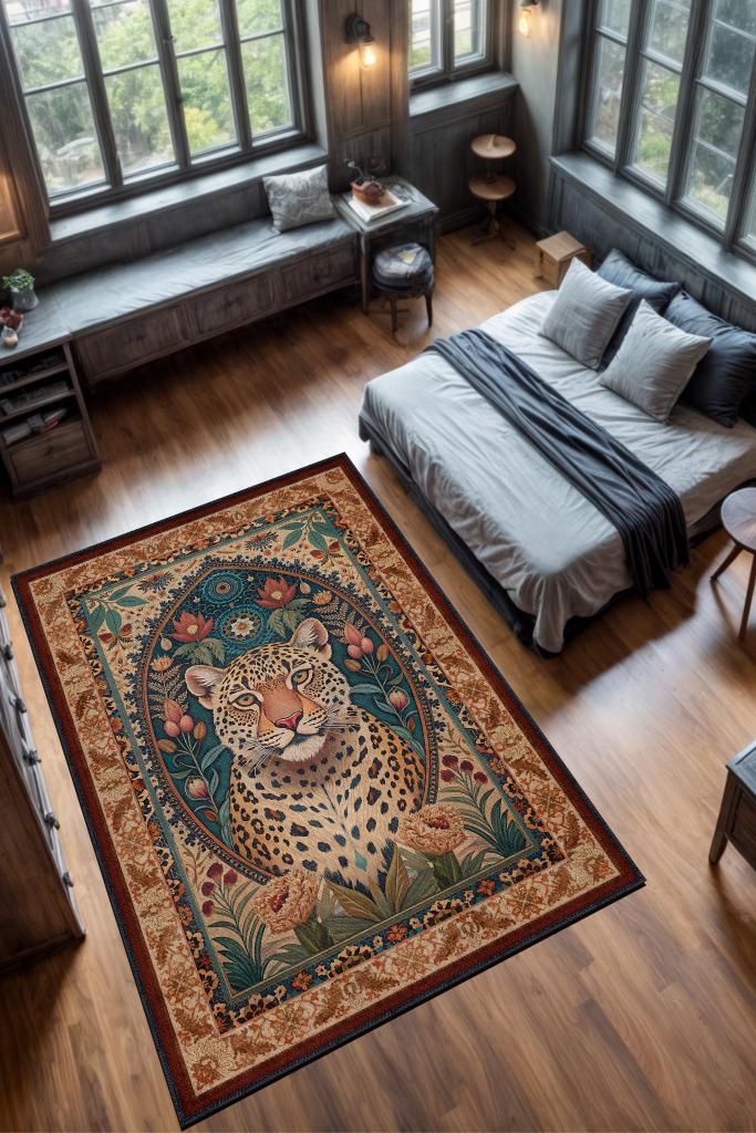 Nuh'un Gemisi Koleksiyonu Leopar Temalı Çiçekli Krem Renkli Bordürlü Şık Konsept Halı