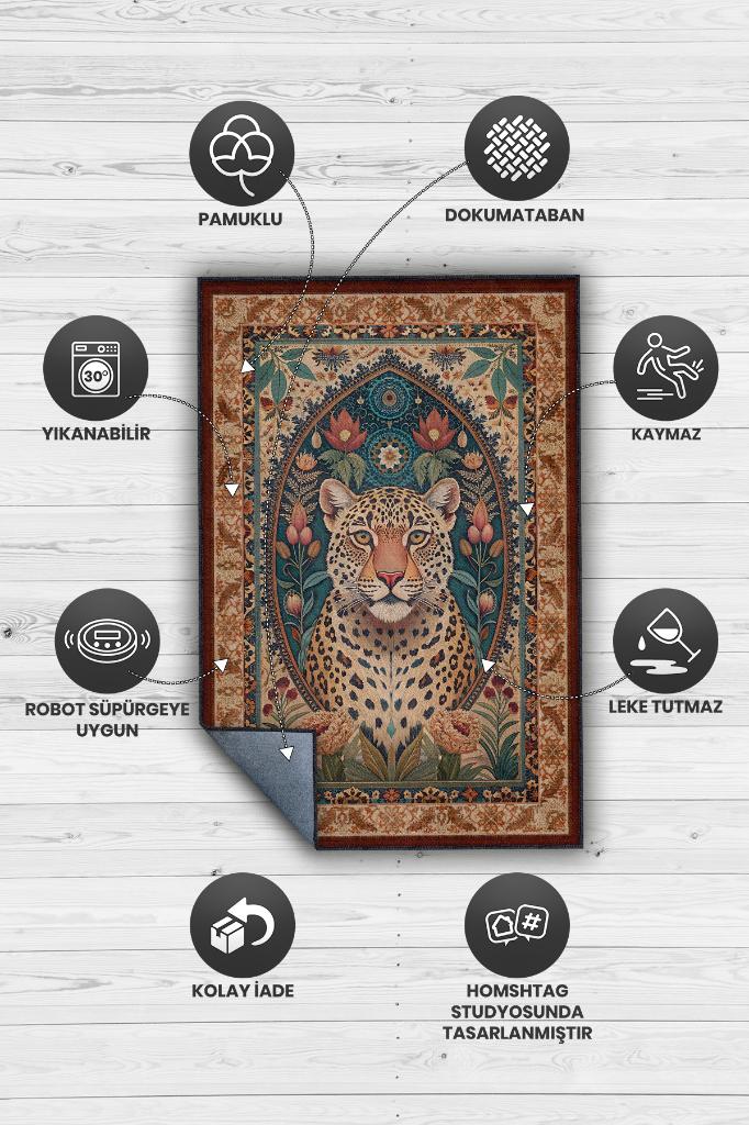 Nuh'un Gemisi Koleksiyonu Leopar Temalı Çiçekli Krem Renkli Bordürlü Şık Konsept Halı