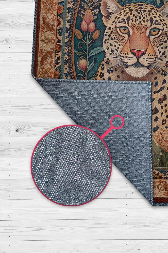 Nuh'un Gemisi Koleksiyonu Leopar Temalı Çiçekli Krem Renkli Bordürlü Şık Konsept Halı