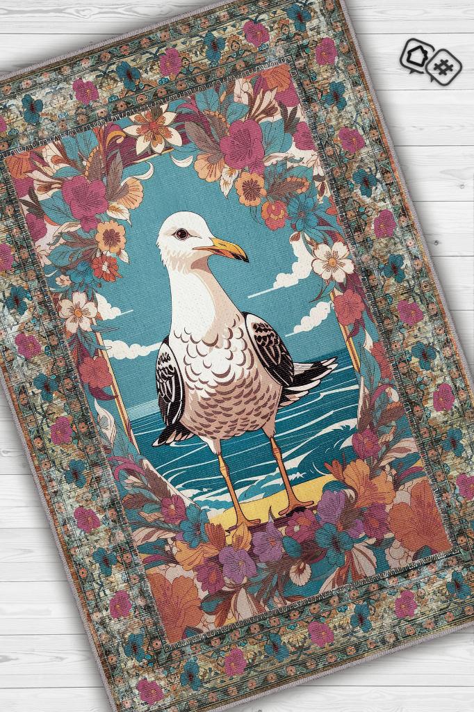 Nuh'un Gemisi Koleksiyonu Martı Çiçek Desenli Temalı Vintage Renkli Maksimalist Halı