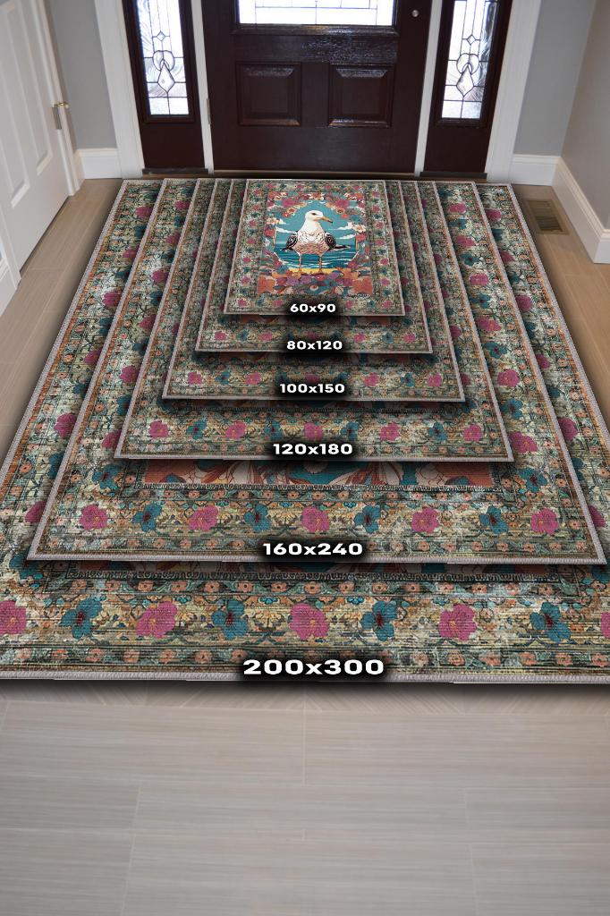 Nuh'un Gemisi Koleksiyonu Martı Çiçek Desenli Temalı Vintage Renkli Maksimalist Halı