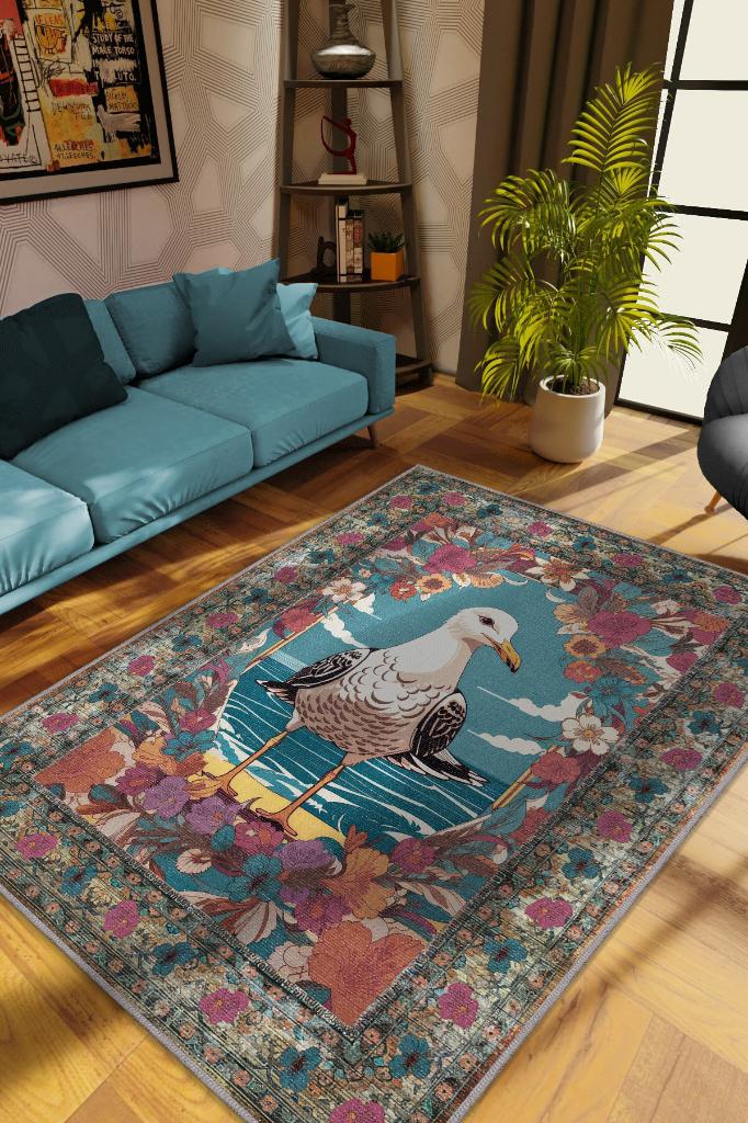 Nuh'un Gemisi Koleksiyonu Martı Çiçek Desenli Temalı Vintage Renkli Maksimalist Halı