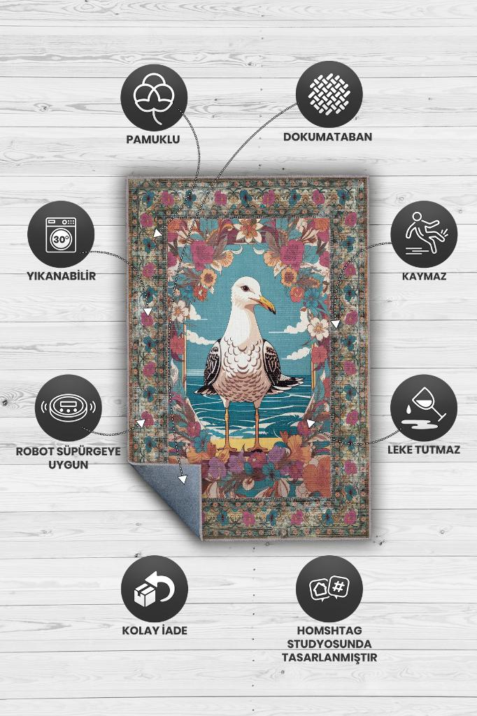 Nuh'un Gemisi Koleksiyonu Martı Çiçek Desenli Temalı Vintage Renkli Maksimalist Halı