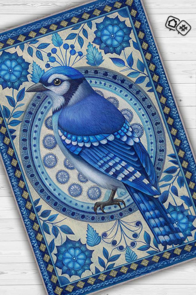 Nuh'un Gemisi Koleksiyonu Mavi Alakarga Kuşu Temalı Çiçekli Mavi Renk Bordürlü Konsept Halı