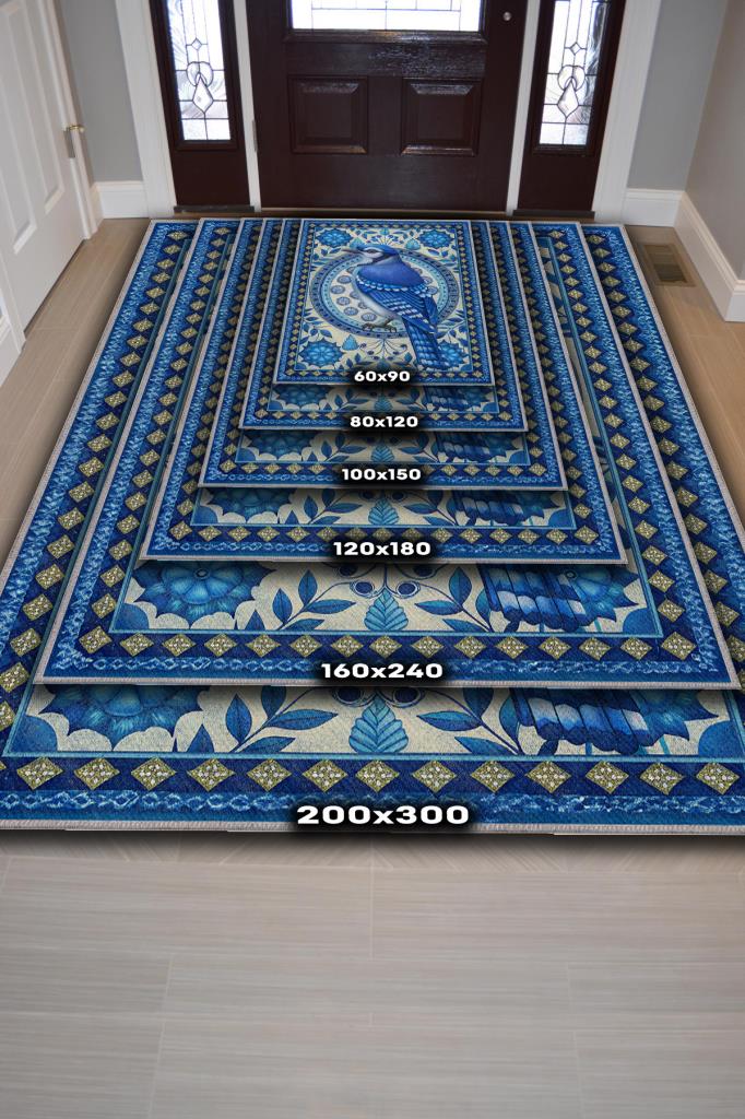 Nuh'un Gemisi Koleksiyonu Mavi Alakarga Kuşu Temalı Çiçekli Mavi Renk Bordürlü Konsept Halı