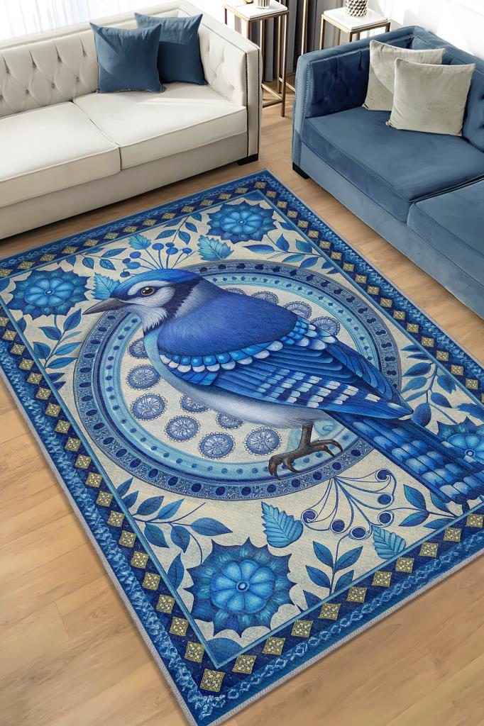 Nuh'un Gemisi Koleksiyonu Mavi Alakarga Kuşu Temalı Çiçekli Mavi Renk Bordürlü Konsept Halı