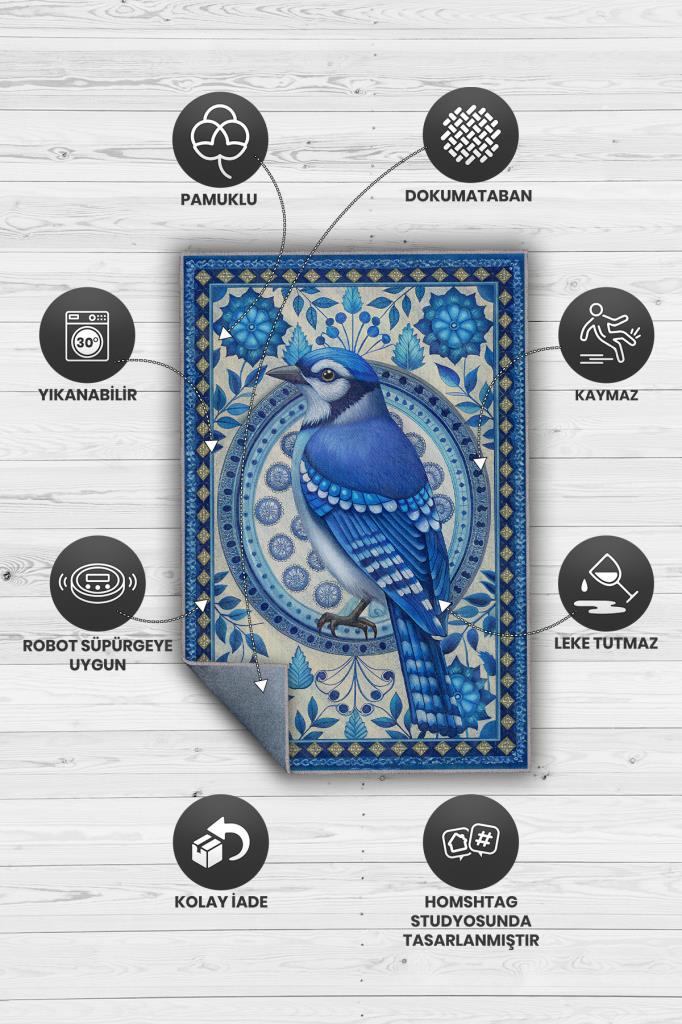 Nuh'un Gemisi Koleksiyonu Mavi Alakarga Kuşu Temalı Çiçekli Mavi Renk Bordürlü Konsept Halı