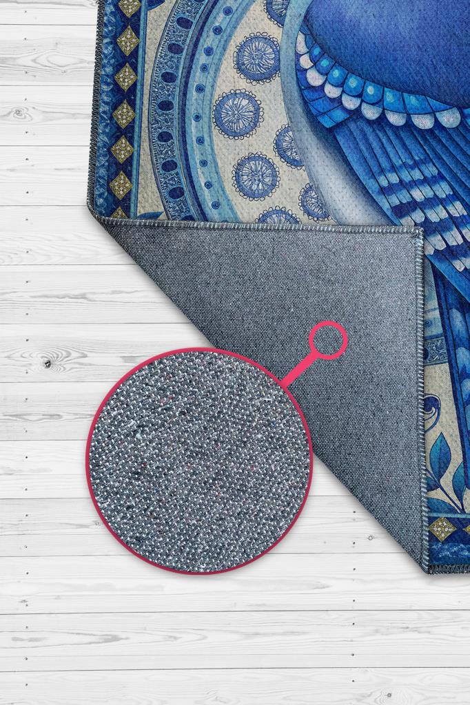 Nuh'un Gemisi Koleksiyonu Mavi Alakarga Kuşu Temalı Çiçekli Mavi Renk Bordürlü Konsept Halı