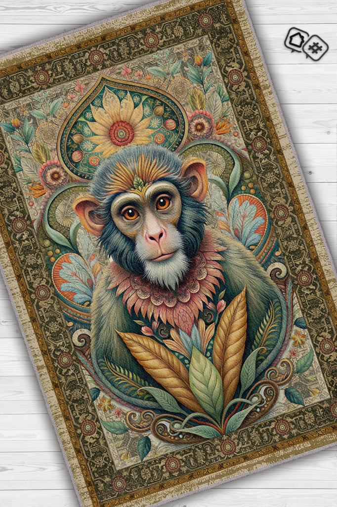 Nuh'un Gemisi Koleksiyonu Maymun Çiçek Temalı Vintage Renkli Maksimalist Halı