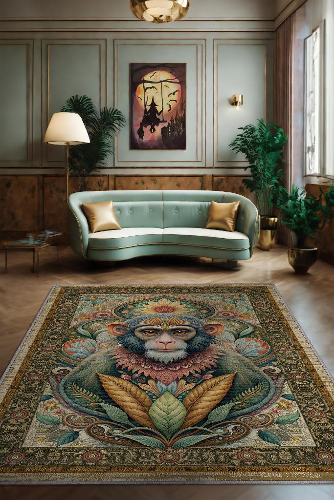 Nuh'un Gemisi Koleksiyonu Maymun Çiçek Temalı Vintage Renkli Maksimalist Halı