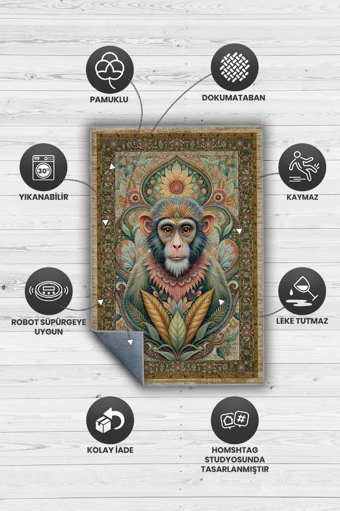 Nuh'un Gemisi Koleksiyonu Maymun Çiçek Temalı Vintage Renkli Maksimalist Halı