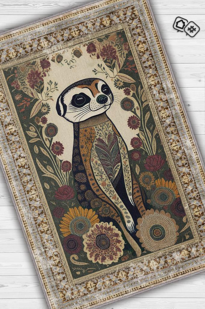 Nuh'un Gemisi Koleksiyonu Mirket, Çiçek Desenli Art Deco Tarzı Vintage Halı,Çok Renkli Maksimalist Halı