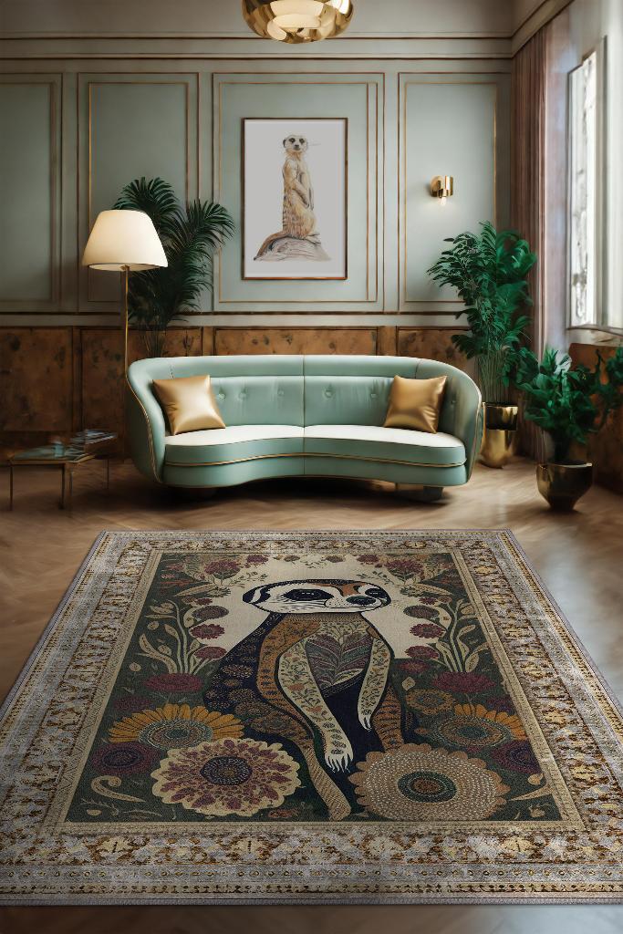 Nuh'un Gemisi Koleksiyonu Mirket, Çiçek Desenli Art Deco Tarzı Vintage Halı,Çok Renkli Maksimalist Halı