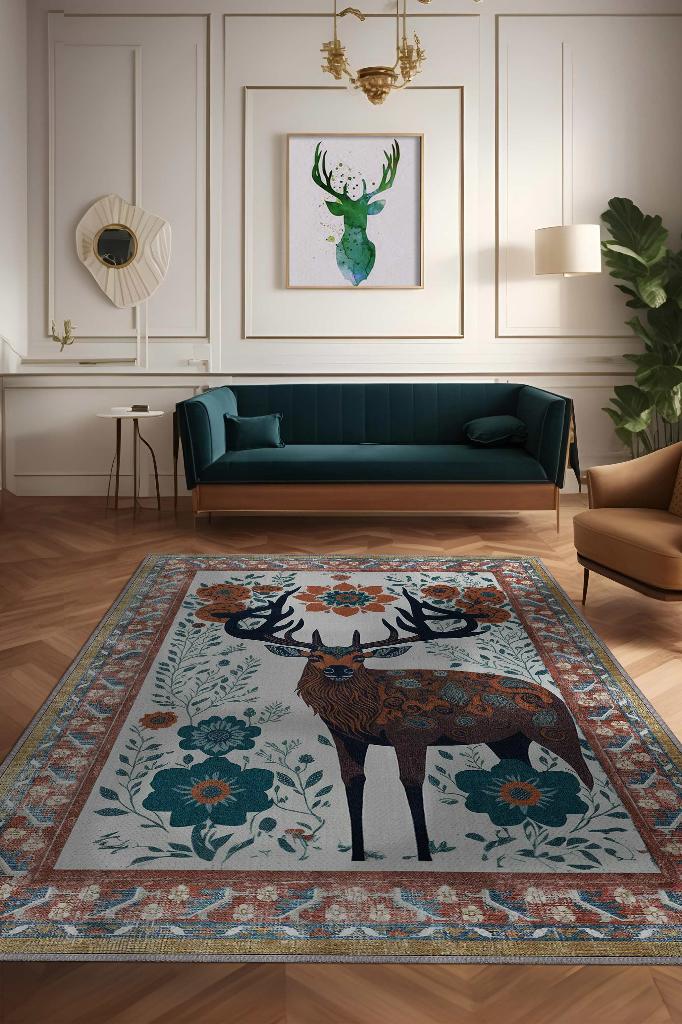 Nuh'un Gemisi Koleksiyonu Mus, Çiçek Desenli Art Deco Tarzı Vintage Halı,Çok Renkli Maksimalist Halı