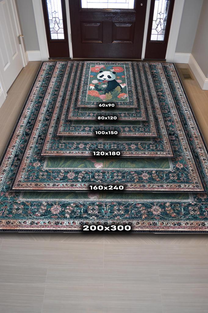 Nuh'un Gemisi Koleksiyonu Panda, Çiçek Desenli Art Deco Tarzı Vintage Halı,Çok Renkli Maksimalist Halı