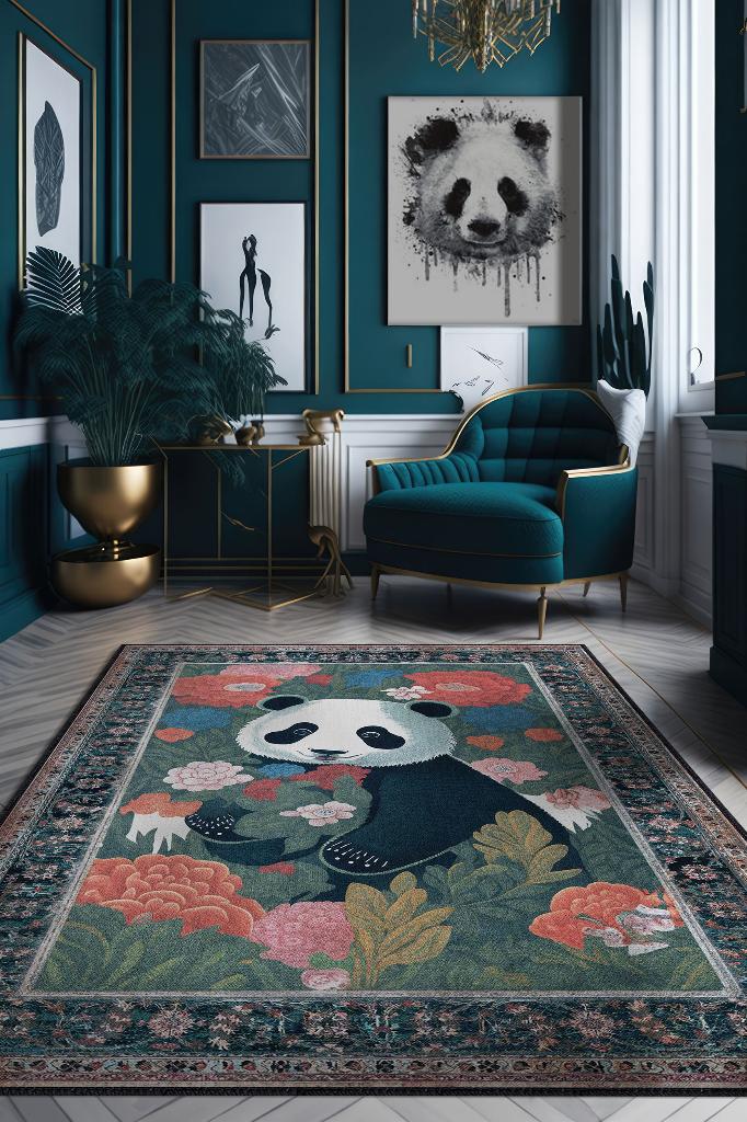 Nuh'un Gemisi Koleksiyonu Panda, Çiçek Desenli Art Deco Tarzı Vintage Halı,Çok Renkli Maksimalist Halı