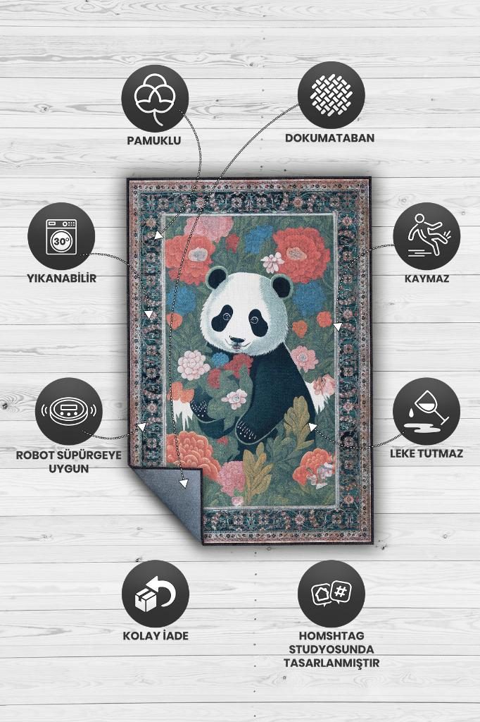 Nuh'un Gemisi Koleksiyonu Panda, Çiçek Desenli Art Deco Tarzı Vintage Halı,Çok Renkli Maksimalist Halı