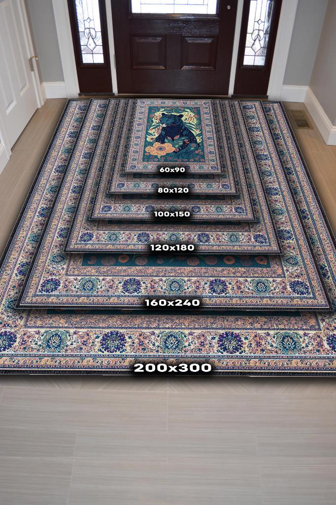 Nuh'un Gemisi Koleksiyonu Panter, Çiçek Desenli Art Deco Tarzı Vintage Halı,Çok Renkli Maksimalist Halı