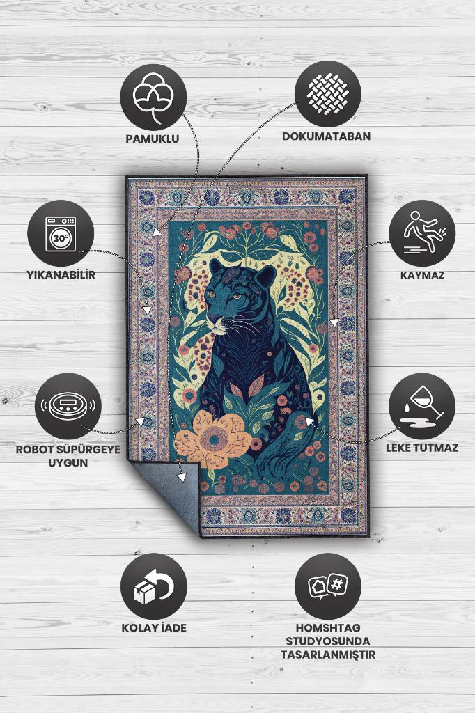 Nuh'un Gemisi Koleksiyonu Panter, Çiçek Desenli Art Deco Tarzı Vintage Halı,Çok Renkli Maksimalist Halı