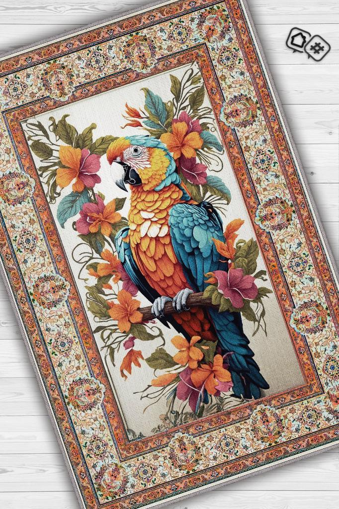 Nuh'un Gemisi Koleksiyonu Papağan, Çiçek Desenli Art Deco Tarzı Vintage Halı,Çok Renkli Maksimalist Halı