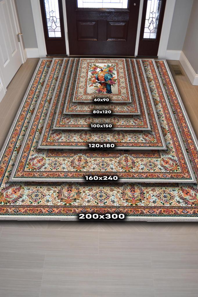 Nuh'un Gemisi Koleksiyonu Papağan, Çiçek Desenli Art Deco Tarzı Vintage Halı,Çok Renkli Maksimalist Halı