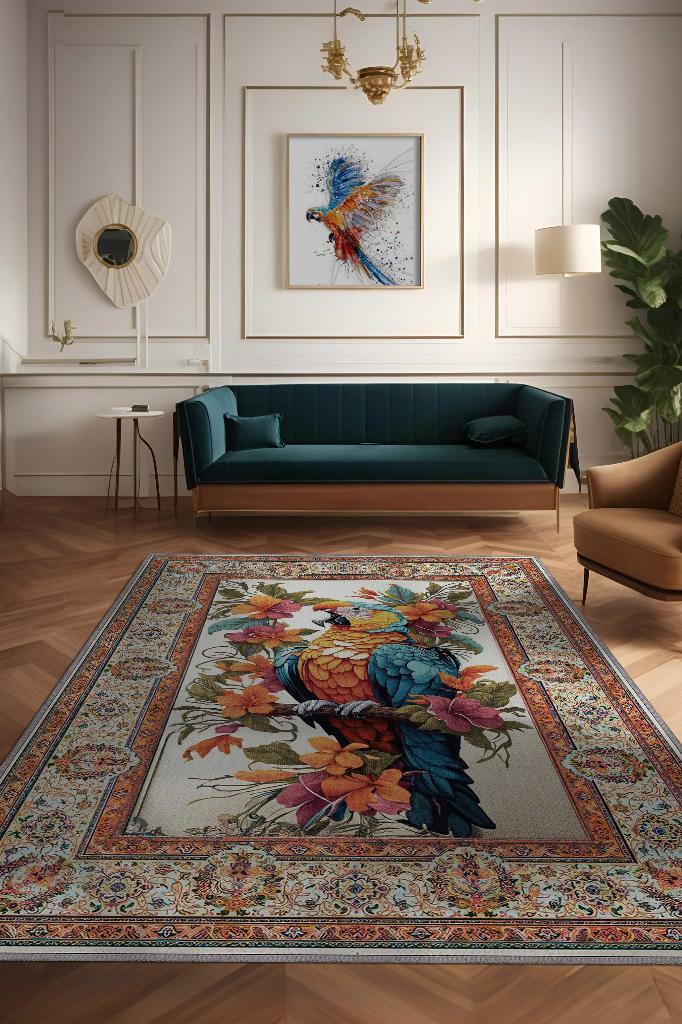 Nuh'un Gemisi Koleksiyonu Papağan, Çiçek Desenli Art Deco Tarzı Vintage Halı,Çok Renkli Maksimalist Halı