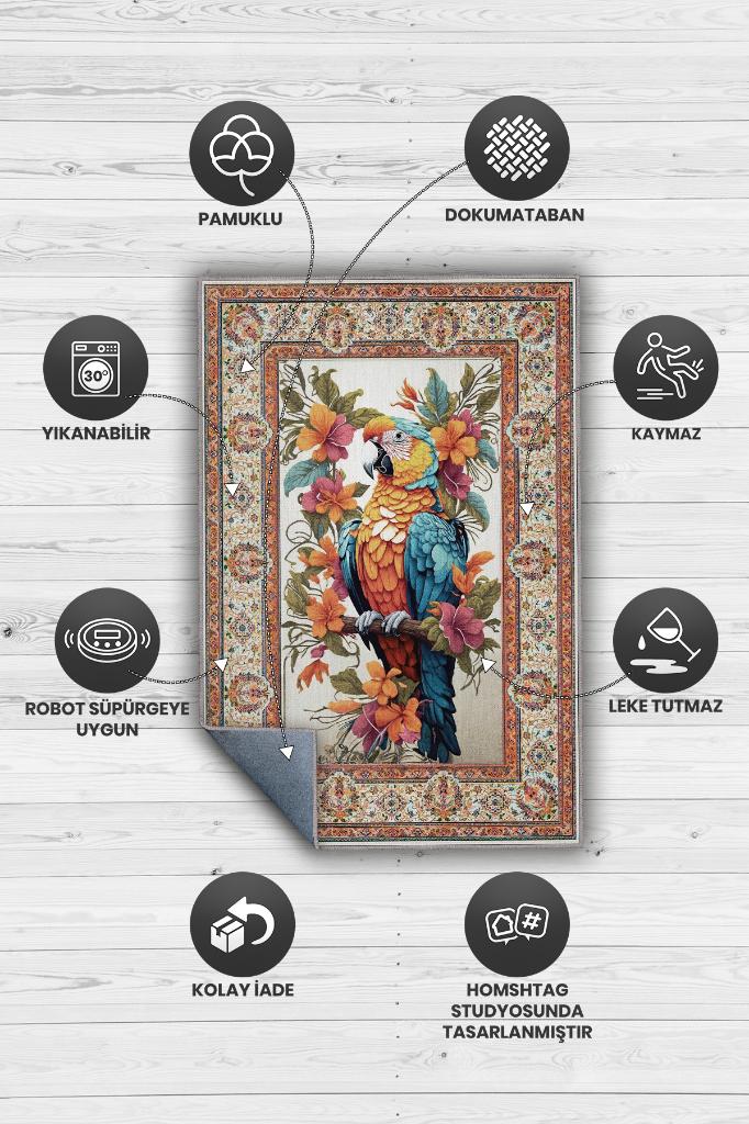 Nuh'un Gemisi Koleksiyonu Papağan, Çiçek Desenli Art Deco Tarzı Vintage Halı,Çok Renkli Maksimalist Halı
