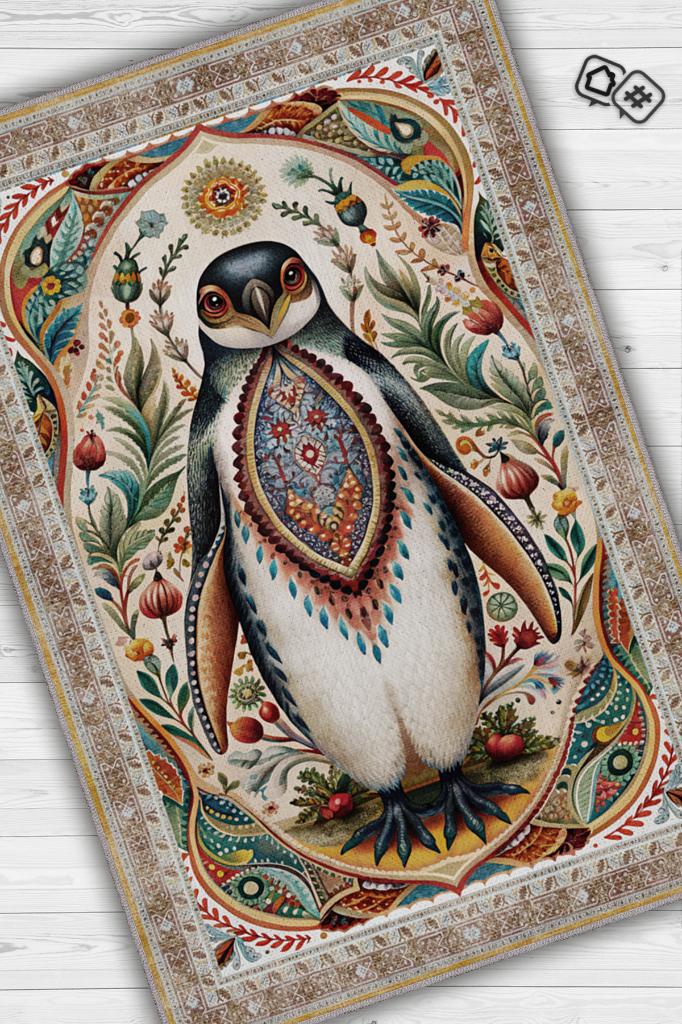 Nuh'un Gemisi Koleksiyonu Penguen Çiçek Temalı Vintage Renkli Maksimalist Halı