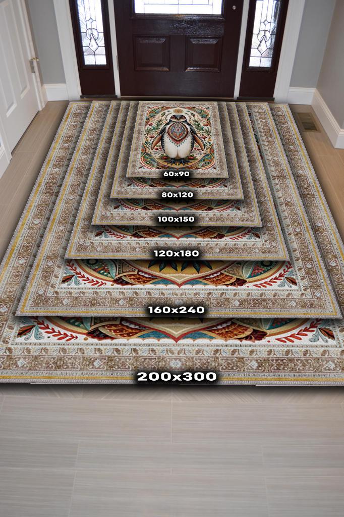 Nuh'un Gemisi Koleksiyonu Penguen Çiçek Temalı Vintage Renkli Maksimalist Halı