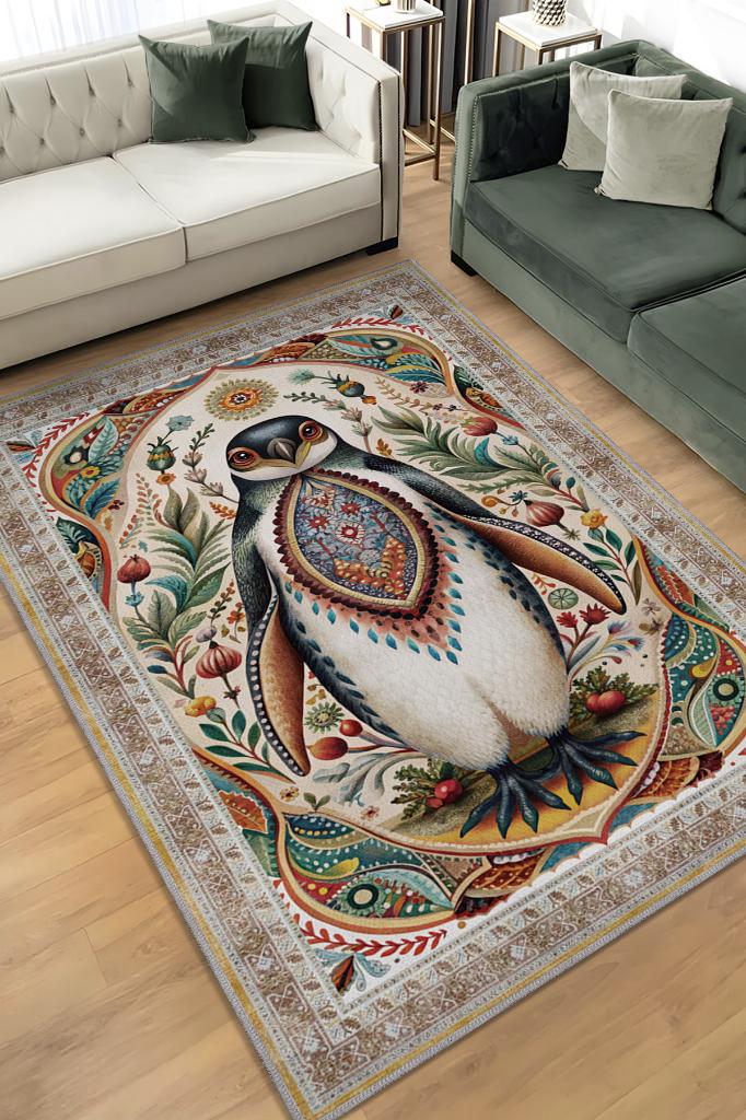 Nuh'un Gemisi Koleksiyonu Penguen Çiçek Temalı Vintage Renkli Maksimalist Halı