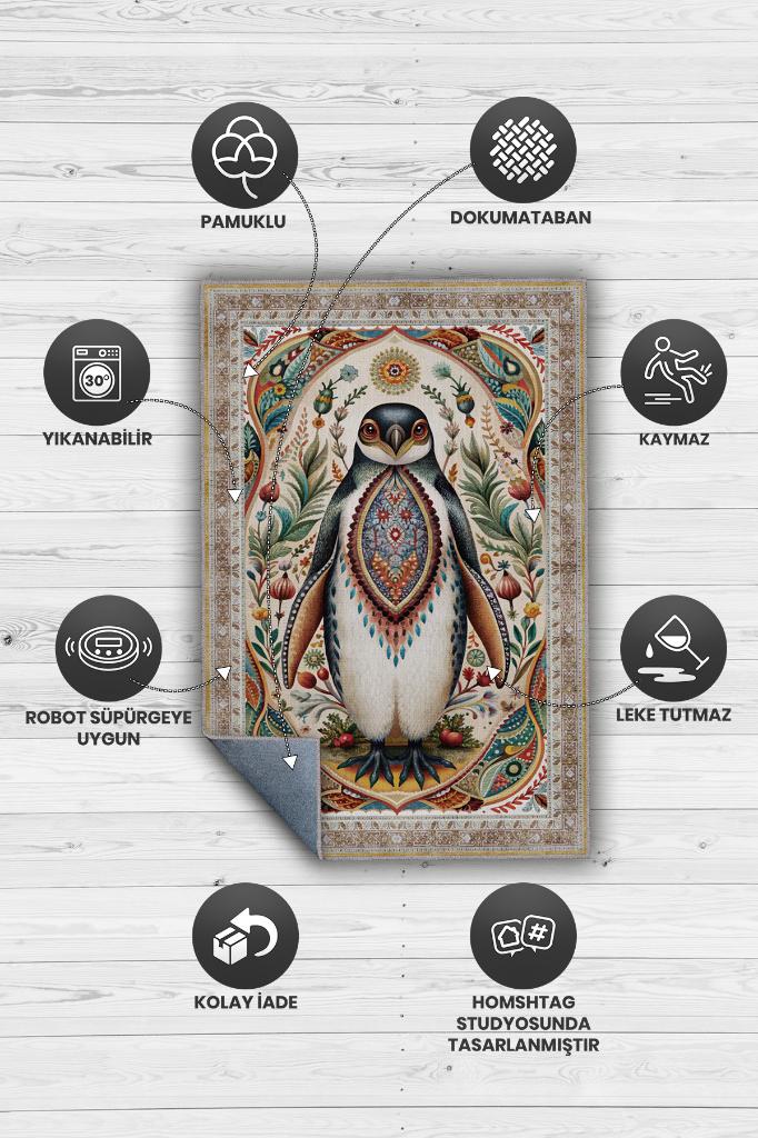 Nuh'un Gemisi Koleksiyonu Penguen Çiçek Temalı Vintage Renkli Maksimalist Halı