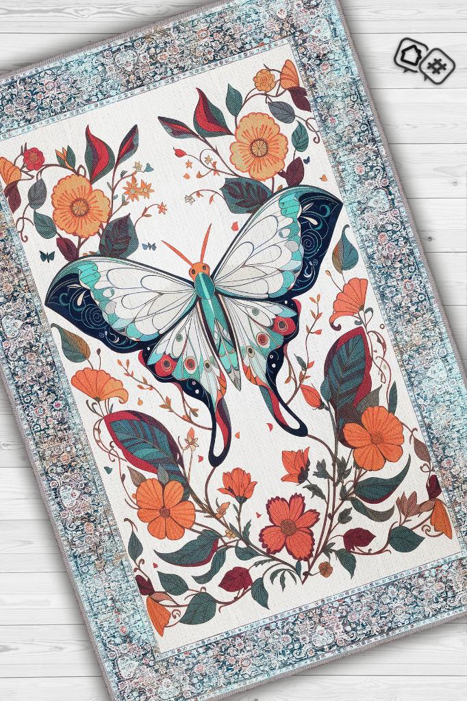 Nuh'un Gemisi Koleksiyonu Pervane Böceği Çiçek Temalı Vintage Renkli Maksimalist Halı