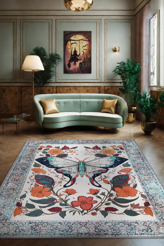 Nuh'un Gemisi Koleksiyonu Pervane Böceği Çiçek Temalı Vintage Renkli Maksimalist Halı