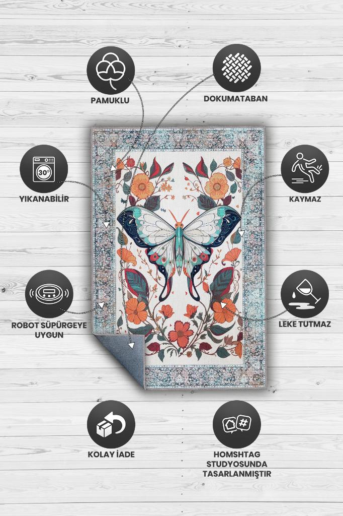 Nuh'un Gemisi Koleksiyonu Pervane Böceği Çiçek Temalı Vintage Renkli Maksimalist Halı